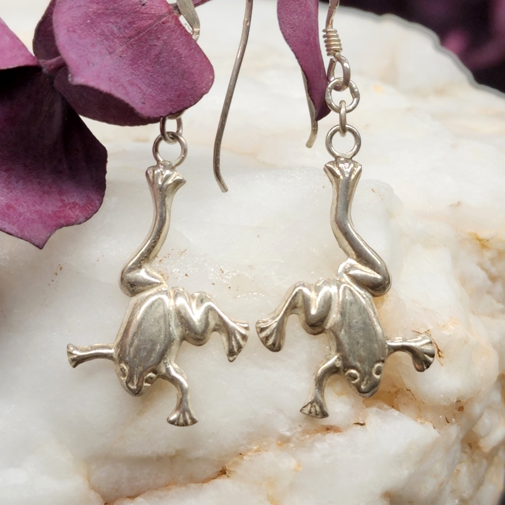 Solid Sterling Silver 925 Lightweight Earrings Good Luck Frog Minimalist